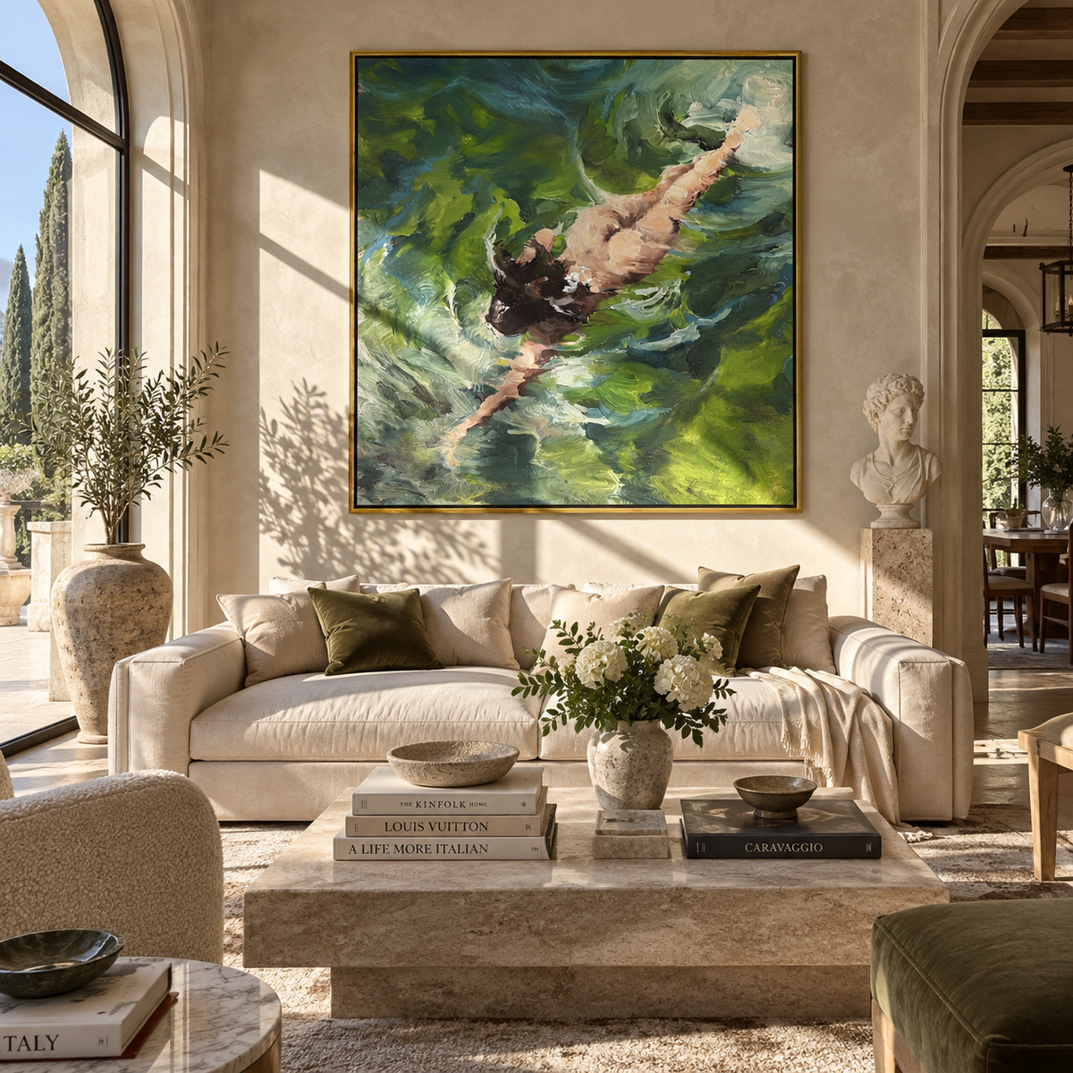 Green Water Glide - swimmer painting shown in modern room setting 5