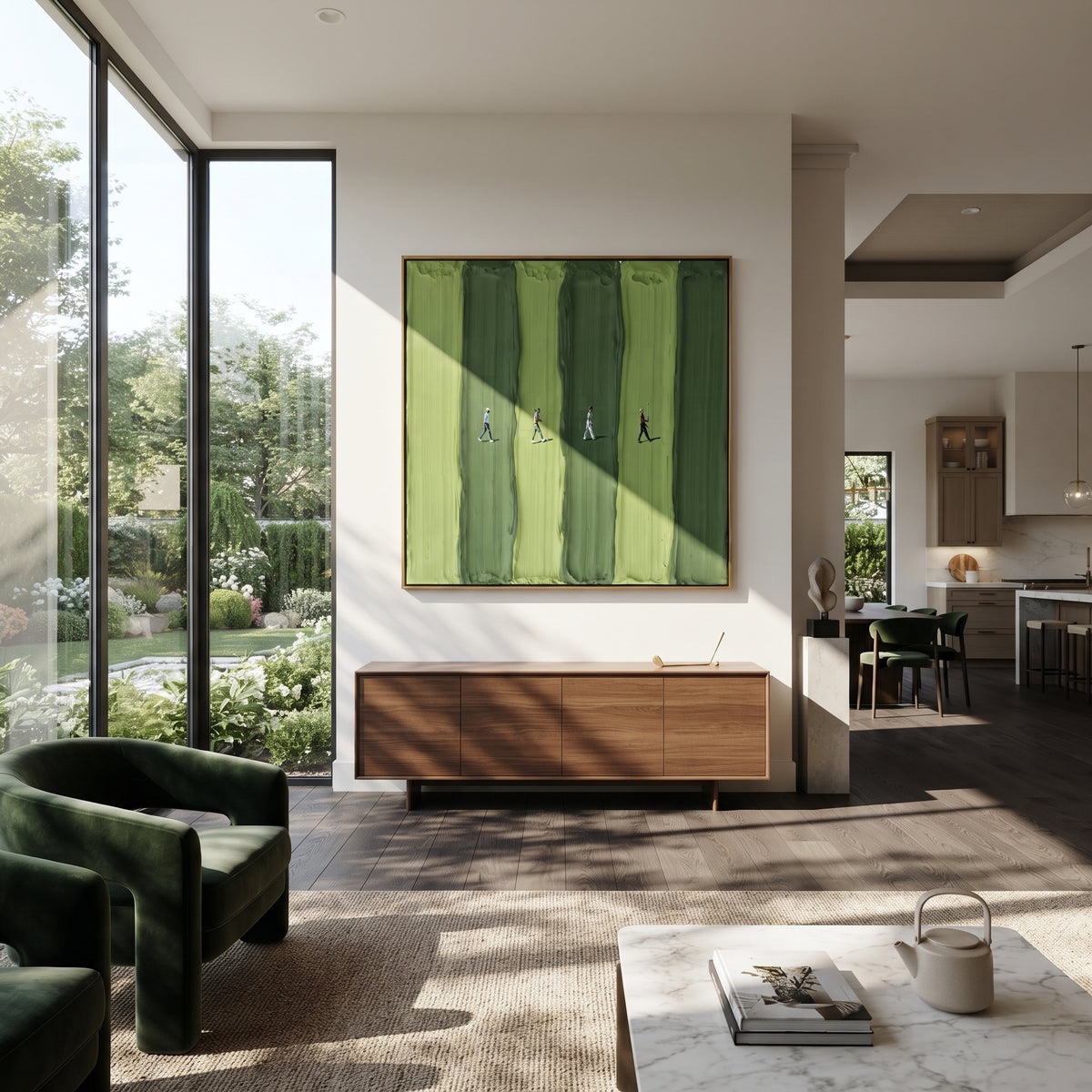 Walkers Between Stripes - walking figures painting shown in modern room setting 2