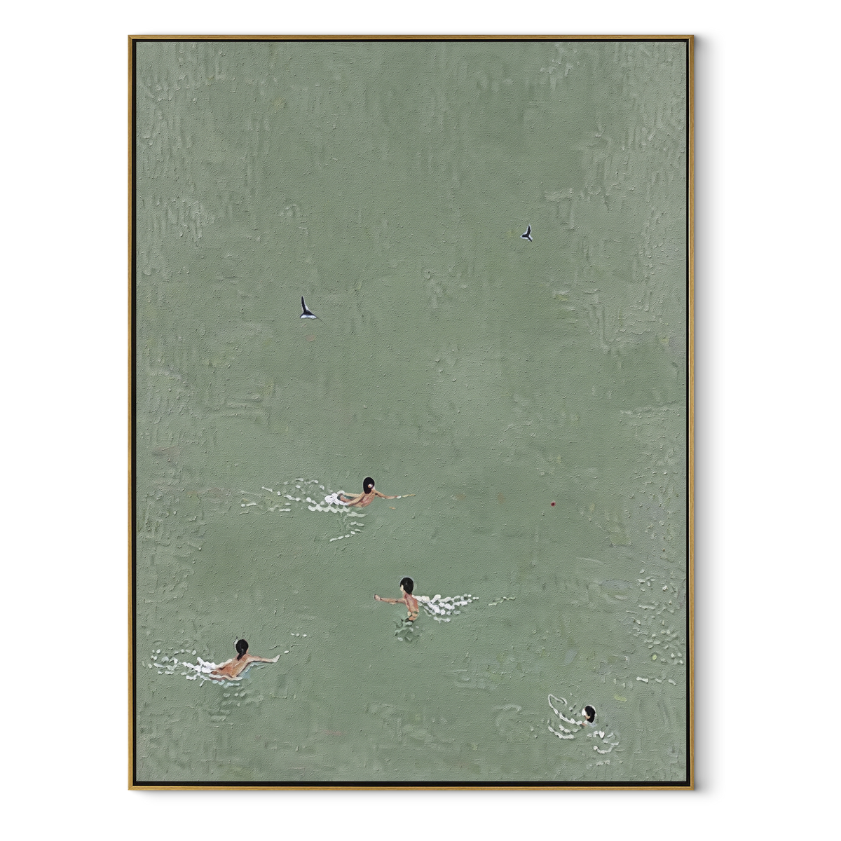 Three in Pale Water - aerial swimmers painting in a wood frame on white