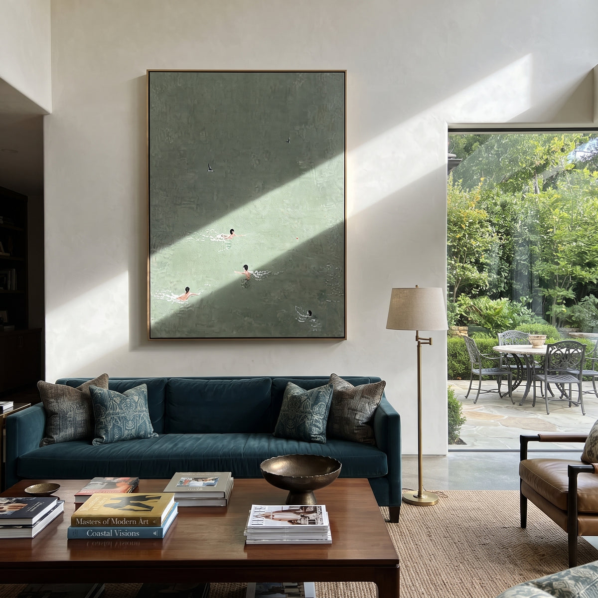 Three in Pale Water - aerial swimmers painting shown in modern room setting 4
