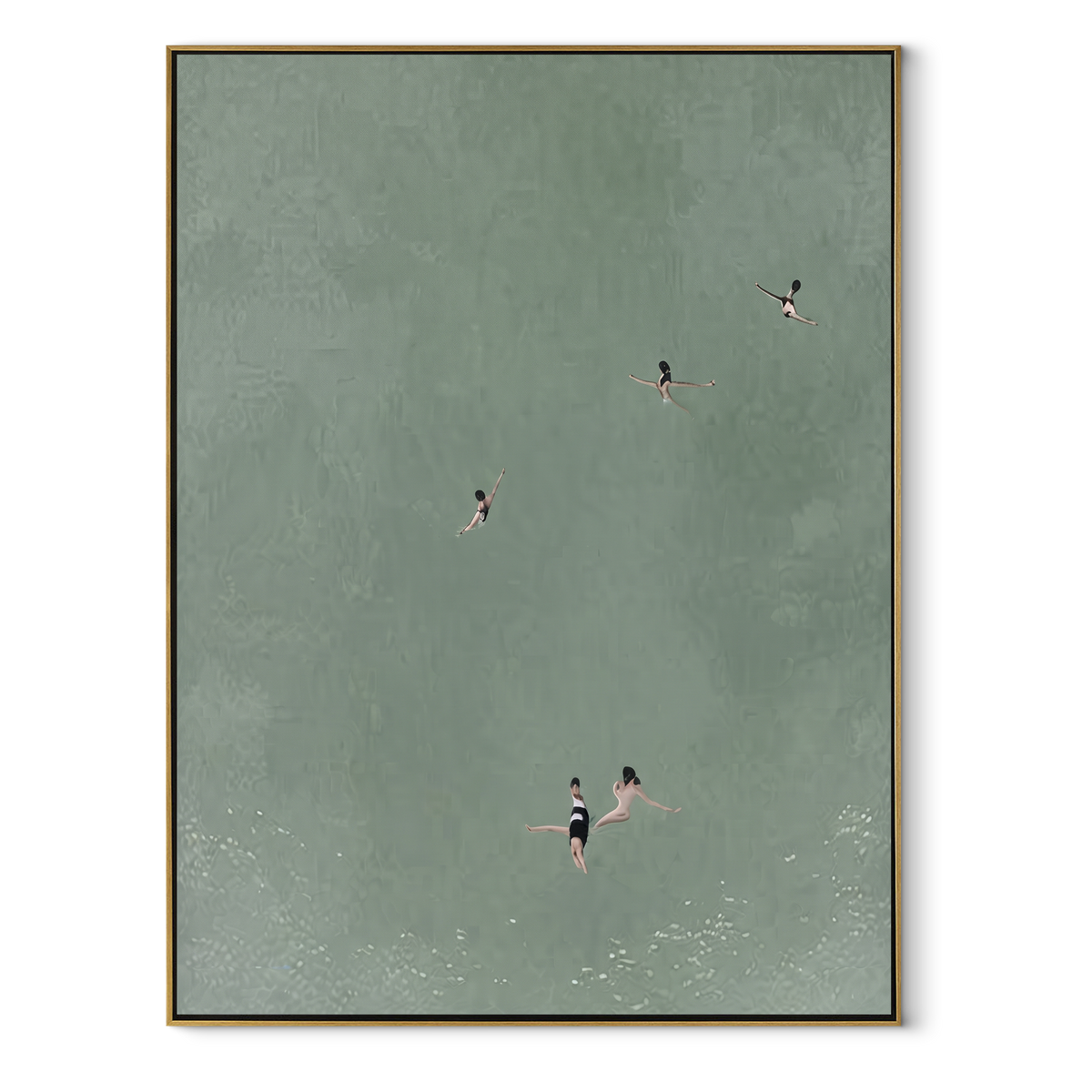 Deep Green Distance - aerial swimmers painting in a wood frame on white
