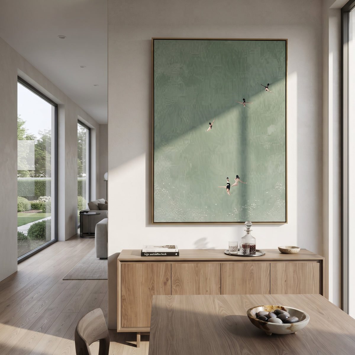 Deep Green Distance - aerial swimmers painting shown in modern room setting 2