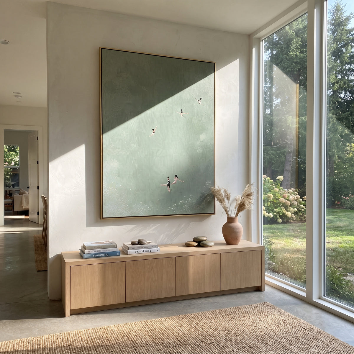 Deep Green Distance - aerial swimmers painting shown in modern room setting 3