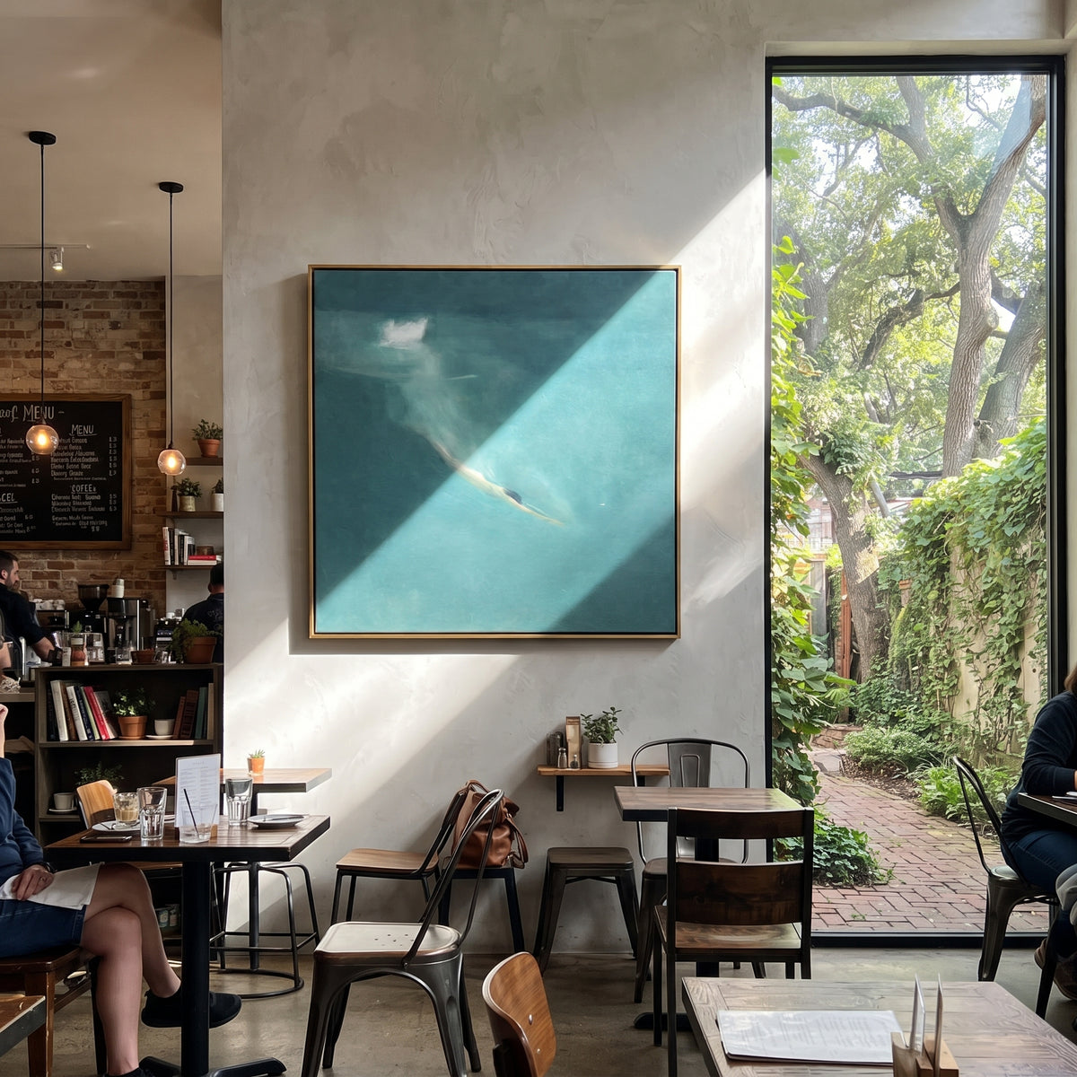 Diving into Teal - swimmer painting shown in modern room setting 3