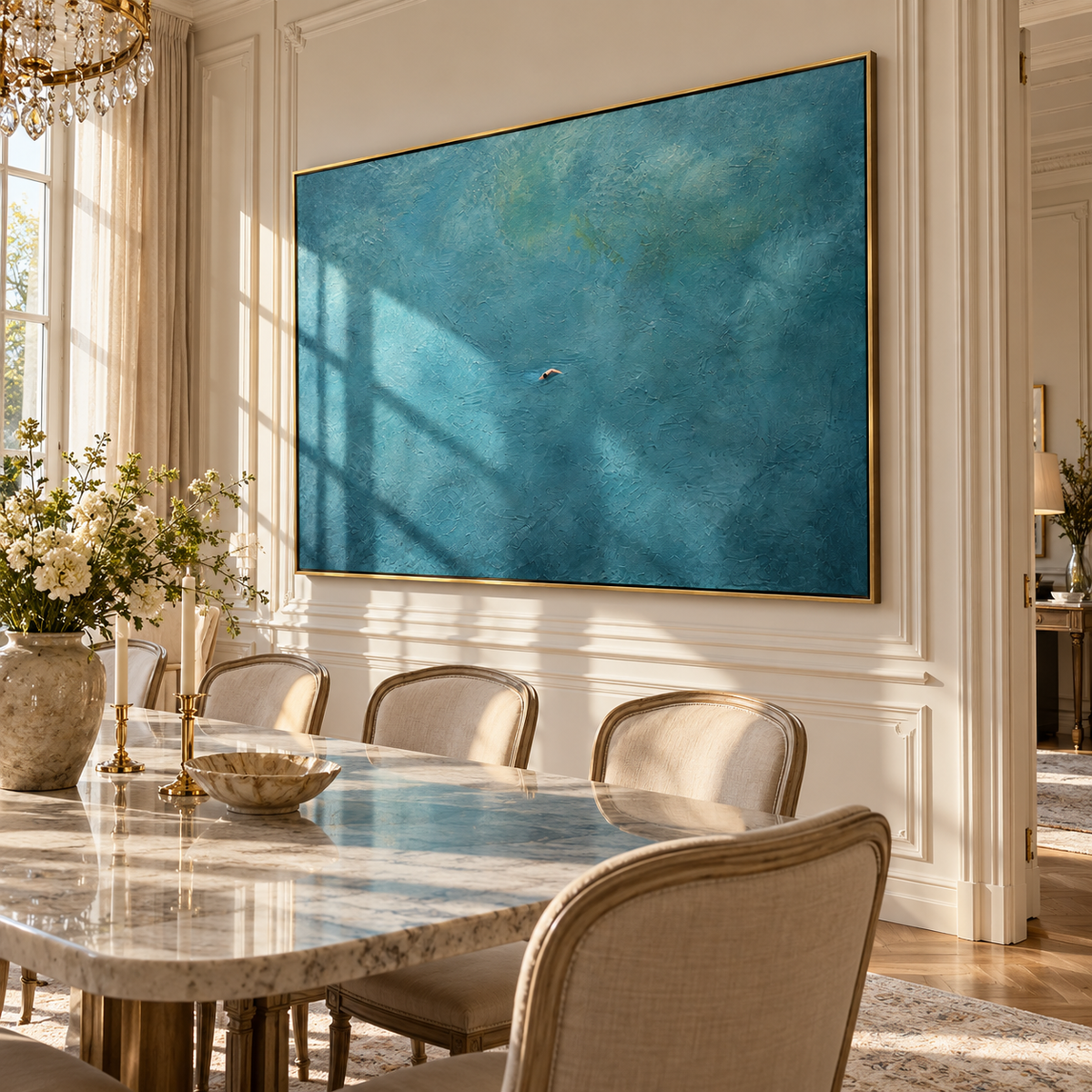 Blue Expanse - minimal seascape painting displayed in a styled interior
