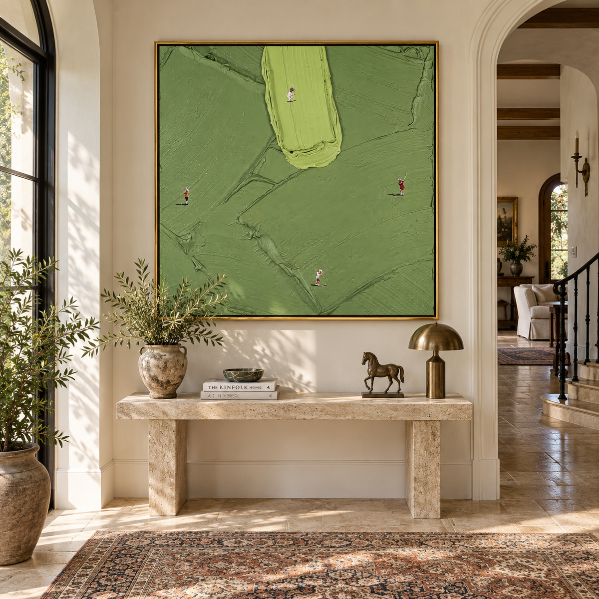 Small Paths Green Fields - aerial landscape painting displayed in a styled interior