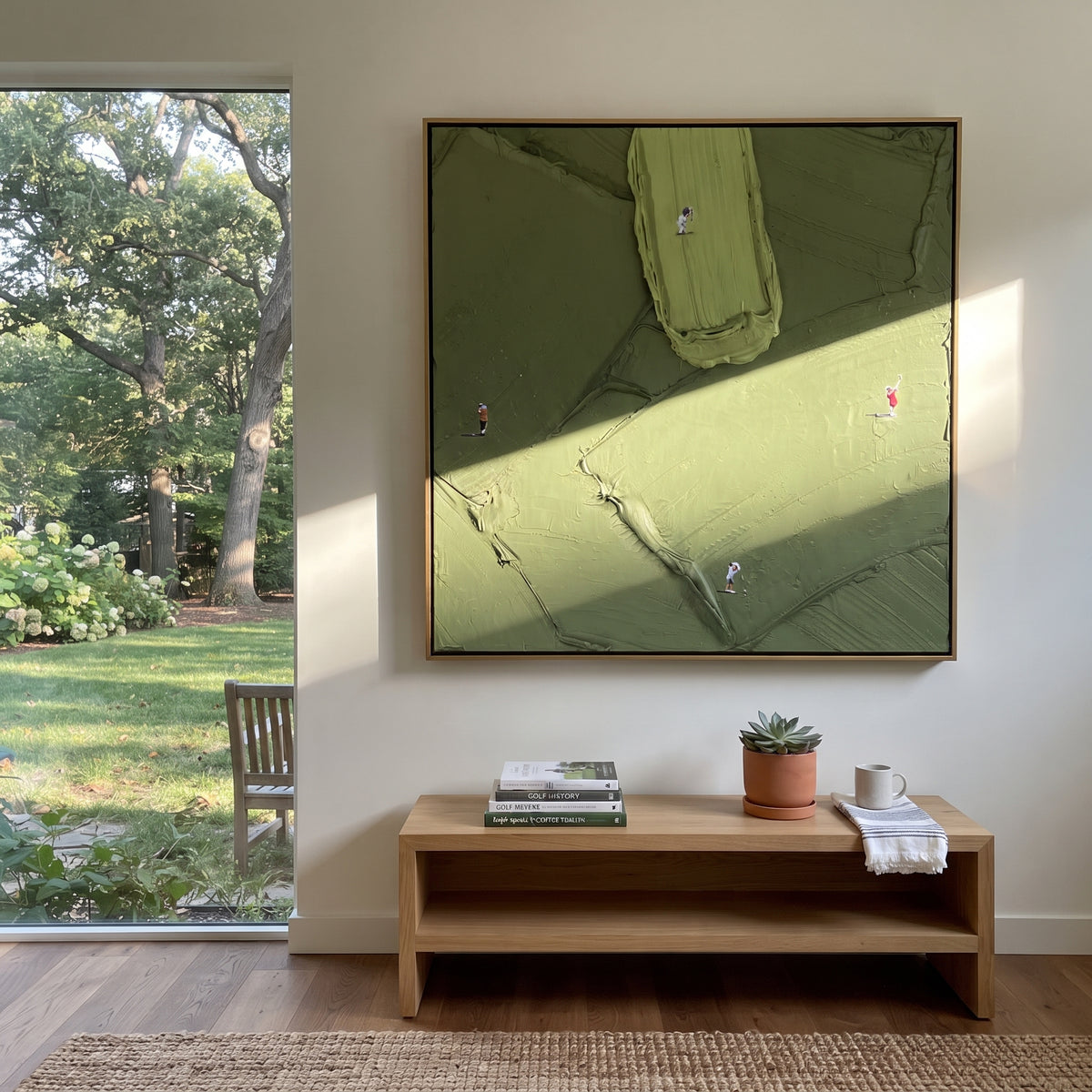 Small Paths Green Fields - aerial landscape painting shown in modern room setting 2