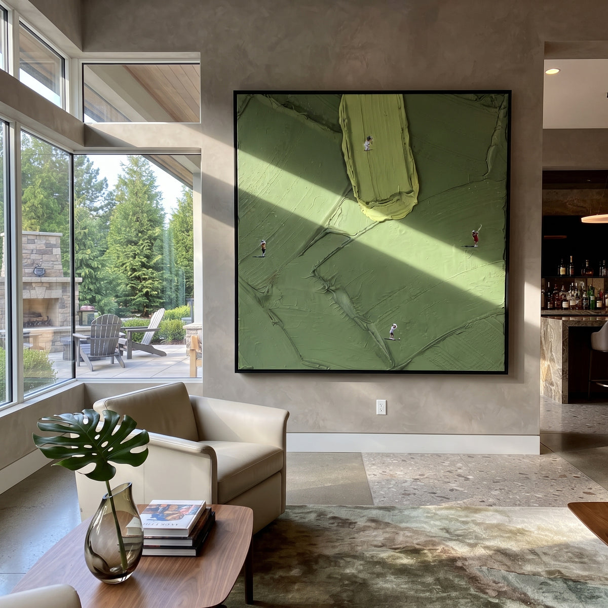 Small Paths Green Fields - aerial landscape painting shown in modern room setting 3