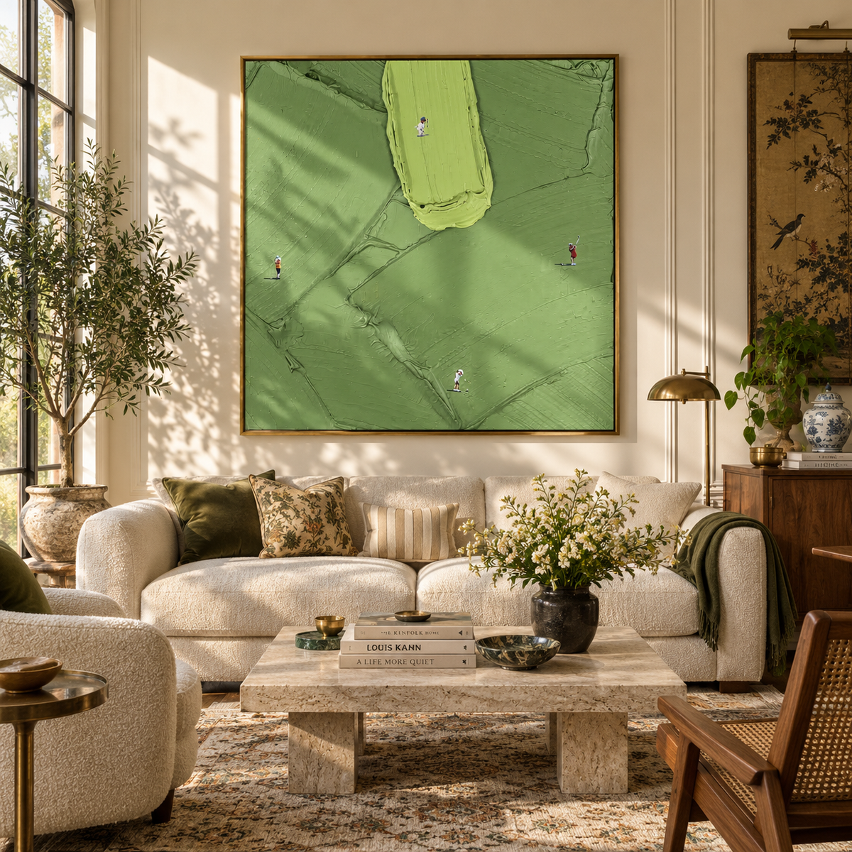 Small Paths Green Fields - aerial landscape painting shown in modern room setting 5