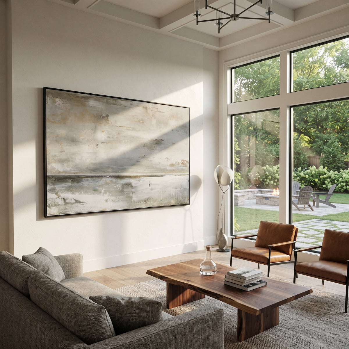 Winter Shoreline - neutral abstract landscape painting shown in modern room setting 5