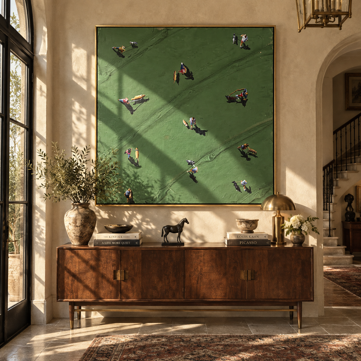 Gathering on the Green - aerial figures painting shown in modern room setting 2