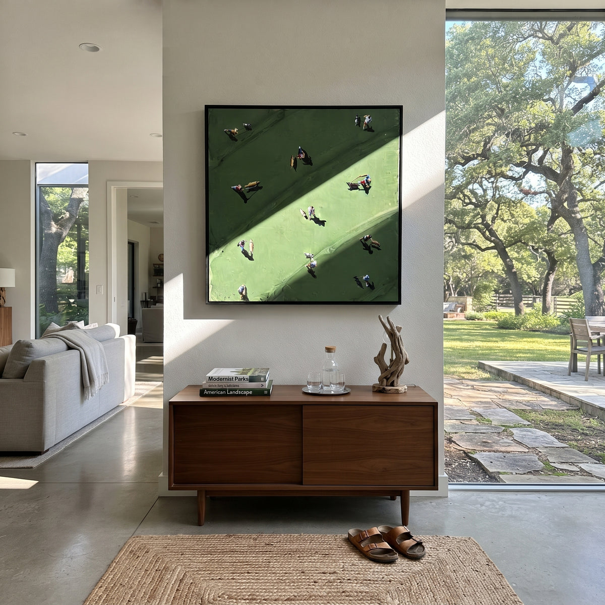Gathering on the Green - aerial figures painting shown in modern room setting 3
