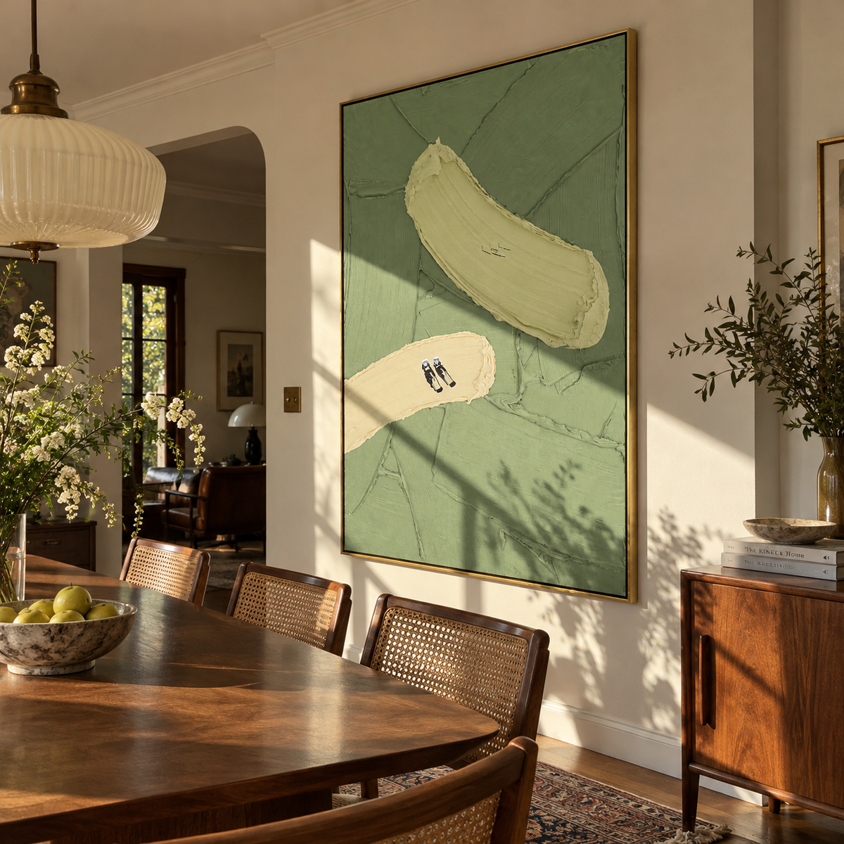 Sandbars Across Green - aerial field painting displayed in a styled interior