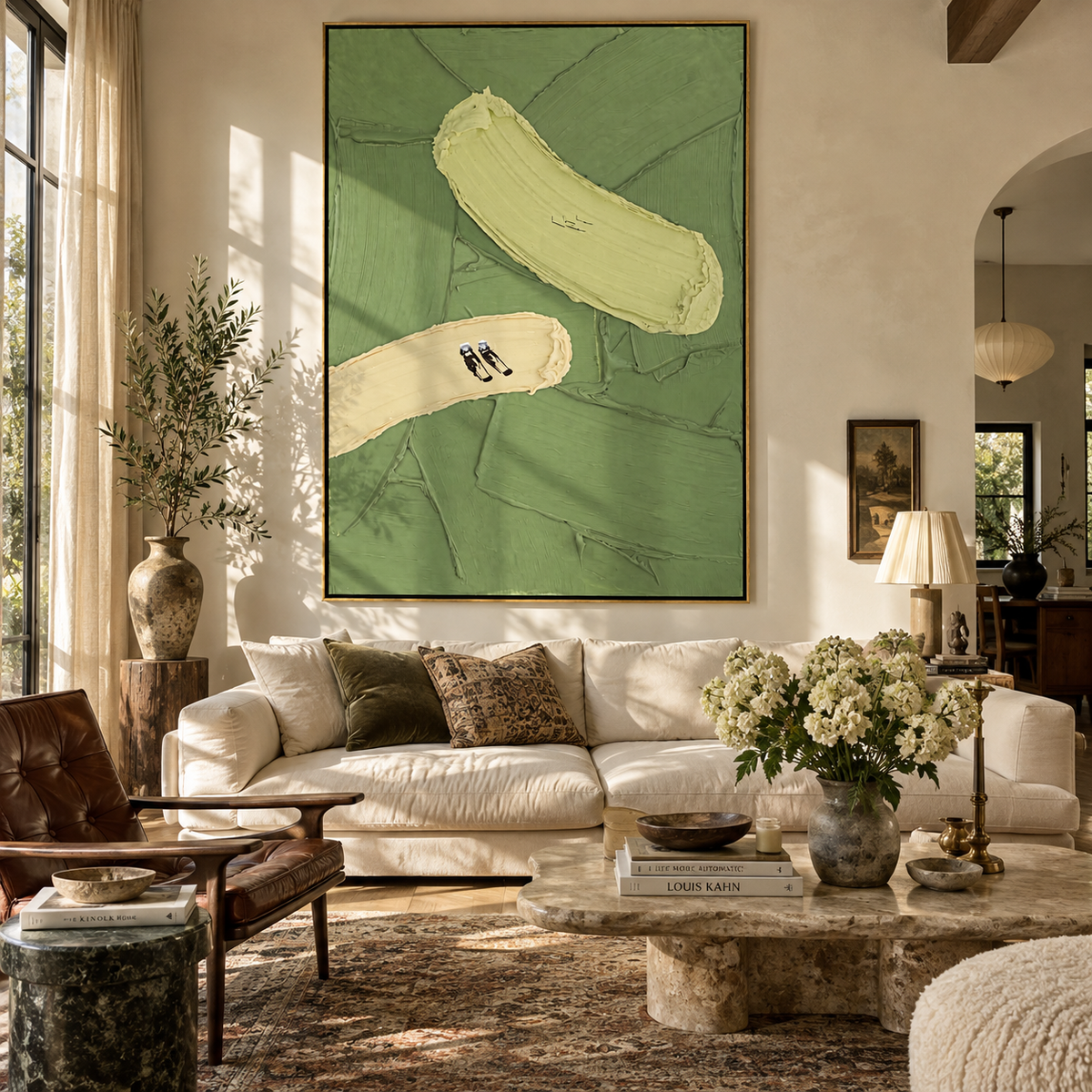 Sandbars Across Green - aerial field painting shown in modern room setting 2