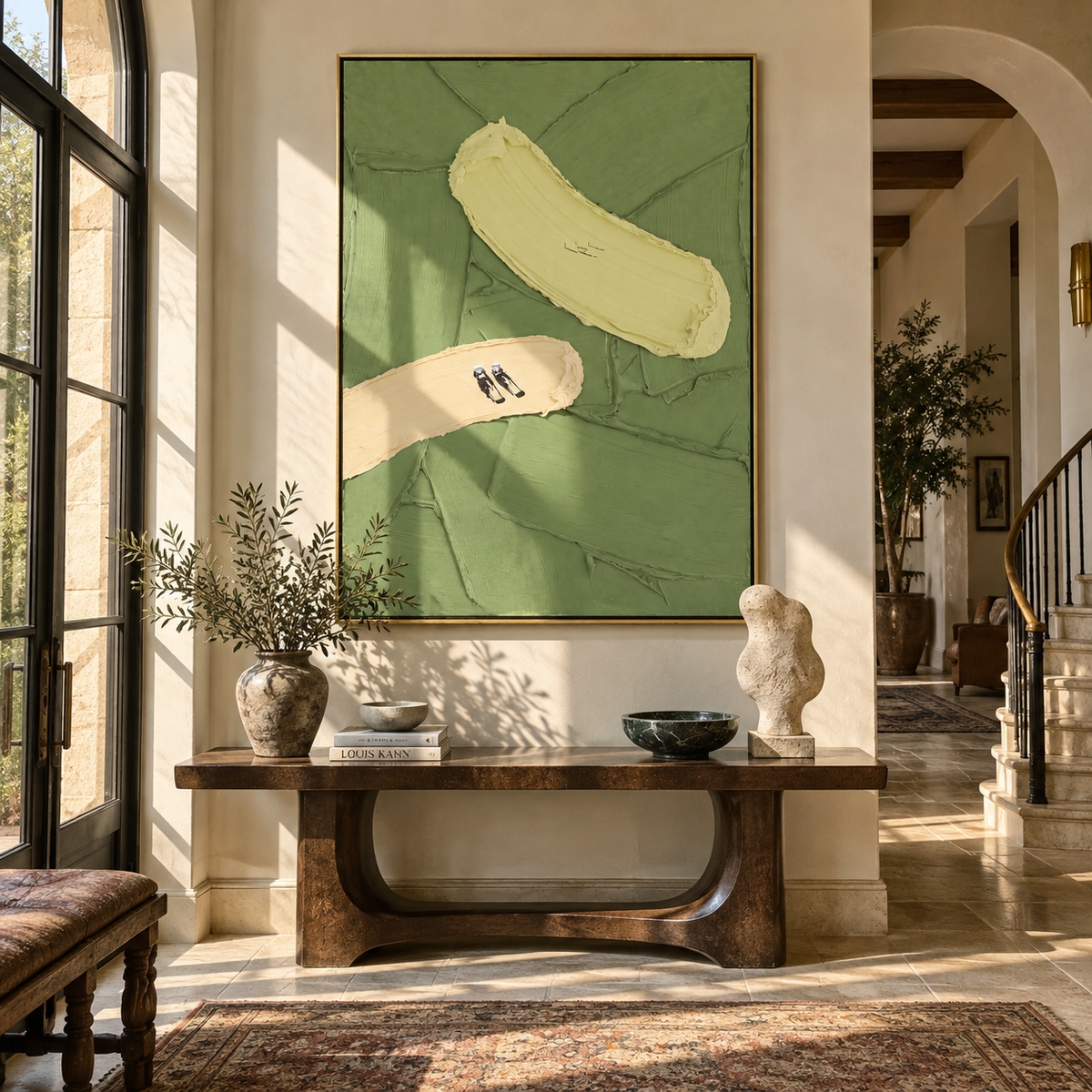 Sandbars Across Green - aerial field painting shown in modern room setting 3