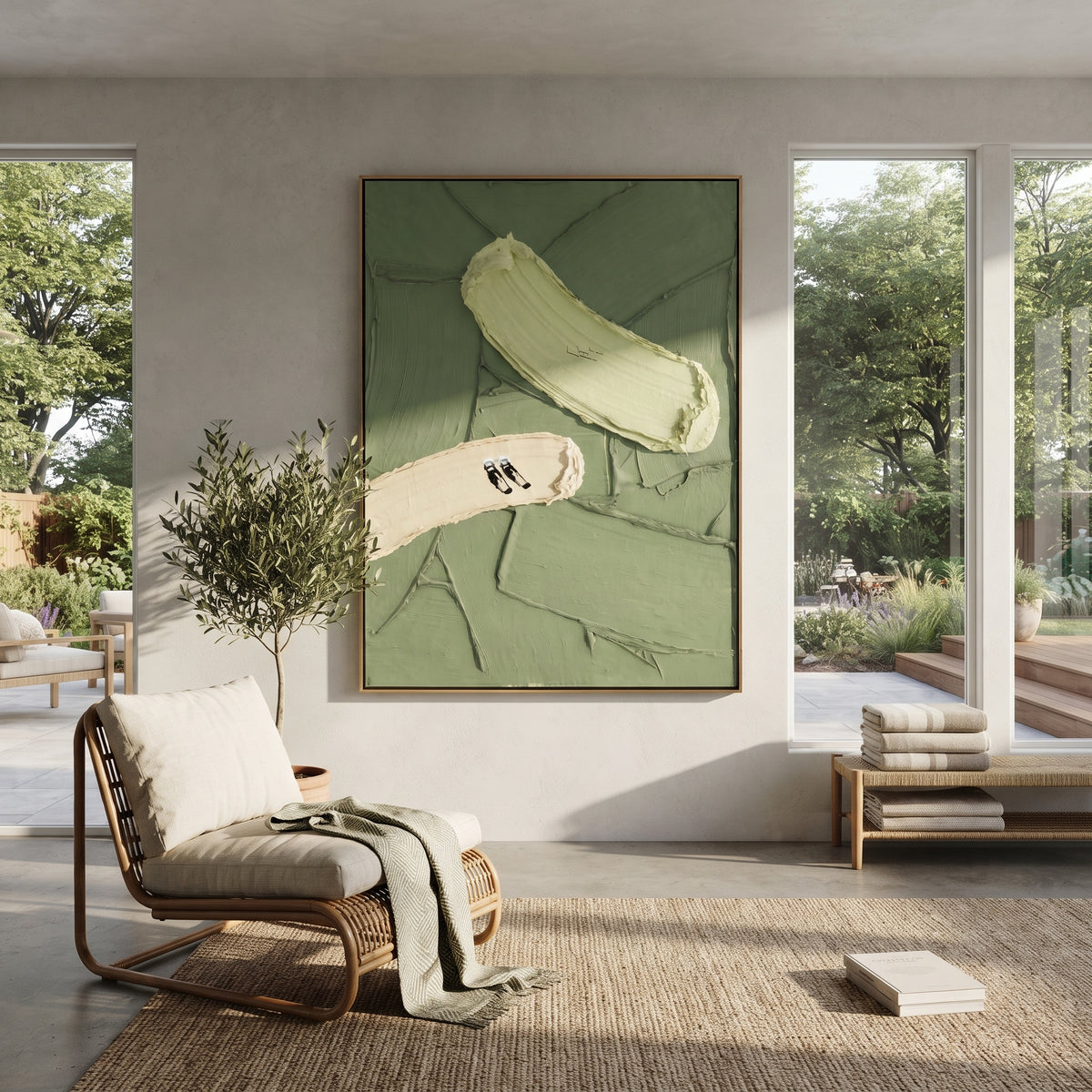 Sandbars Across Green - aerial field painting shown in modern room setting 4