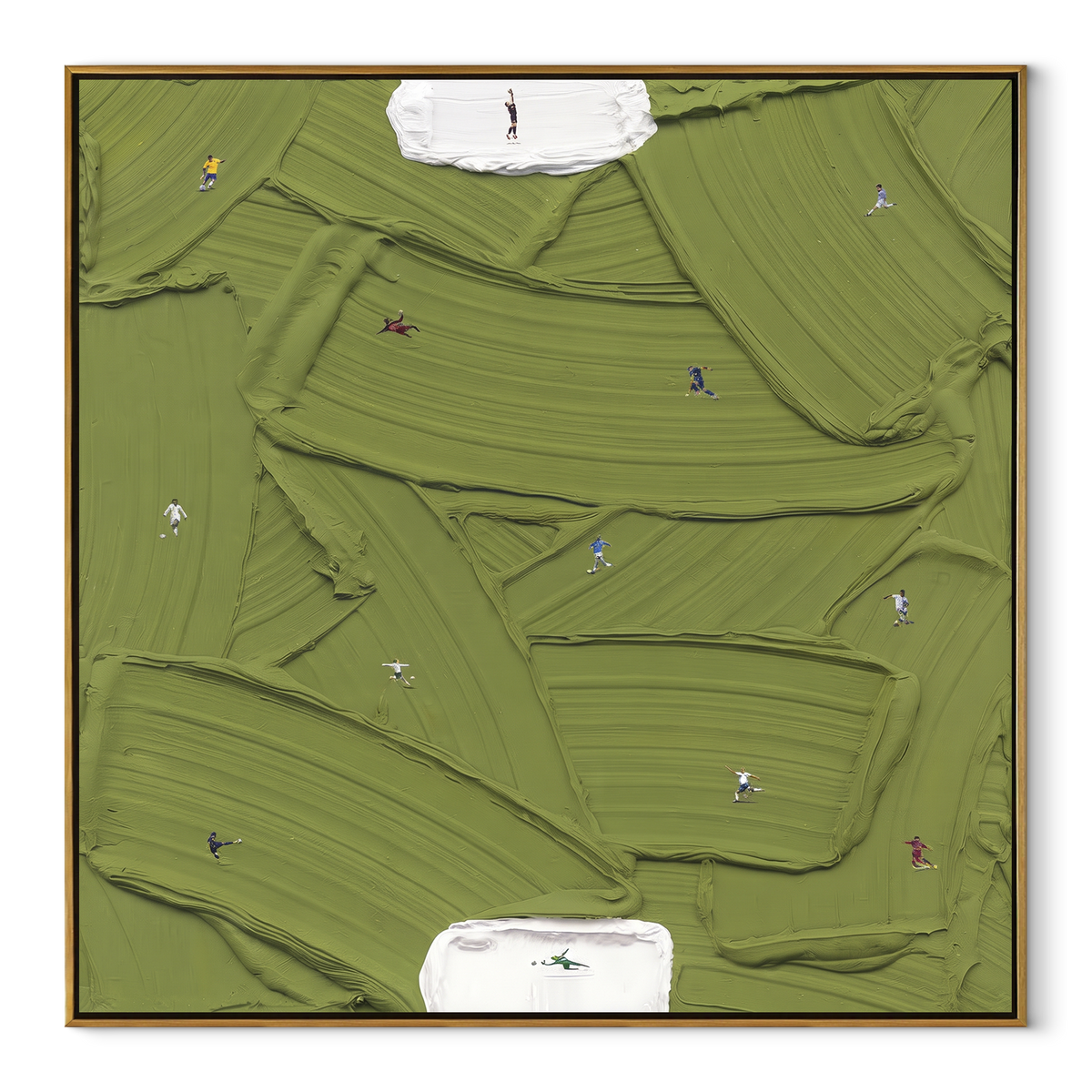 White Islands in Olive - abstract green painting in a wood frame on white