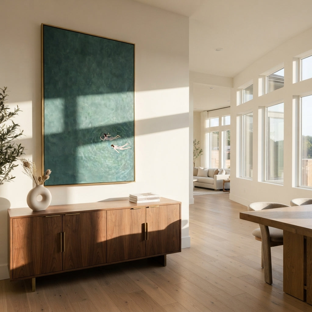 One Stroke Through Teal - swimmer painting displayed in a styled interior