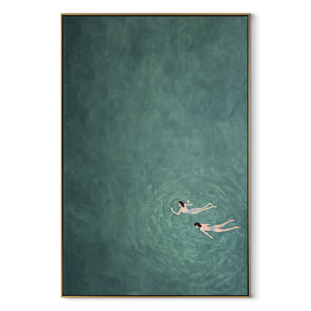 One Stroke Through Teal - swimmer painting in a wood frame on white