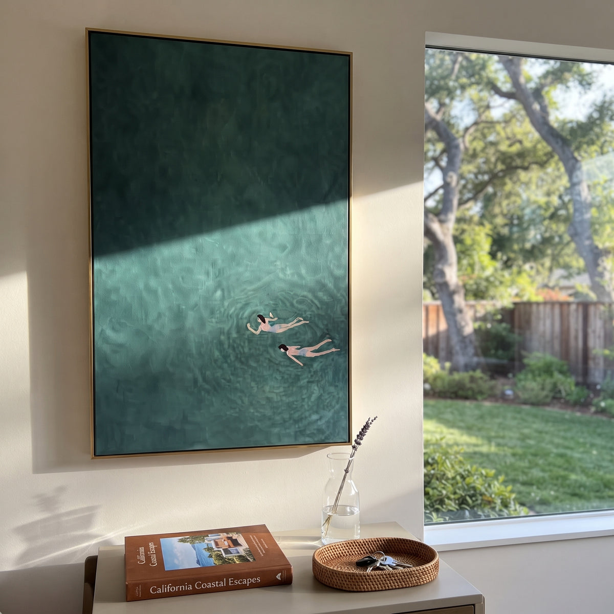 One Stroke Through Teal - swimmer painting shown in modern room setting 3