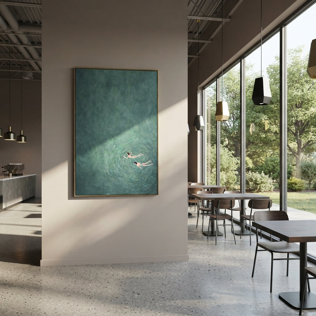 One Stroke Through Teal - swimmer painting shown in modern room setting 5