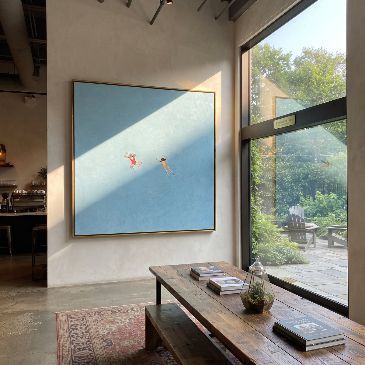 Red Caps in Blue - two swimmers painting shown in modern room setting 4