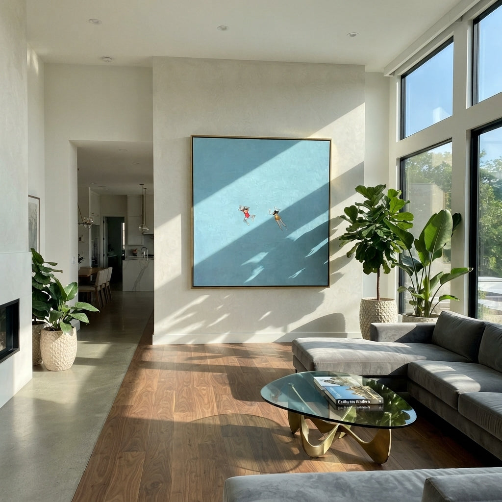 Red Caps in Blue - two swimmers painting shown in modern room setting 5