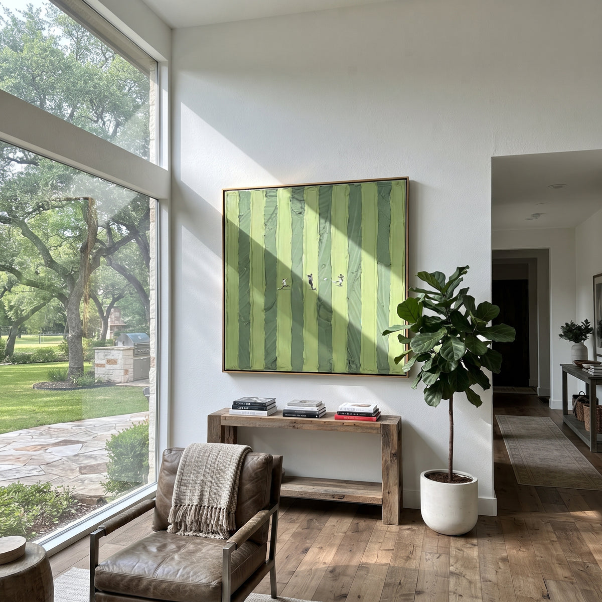 Figures Between Green Lines - walking figures painting displayed in a styled interior