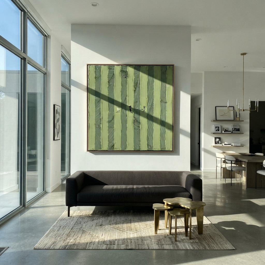 Figures Between Green Lines - walking figures painting shown in modern room setting 4