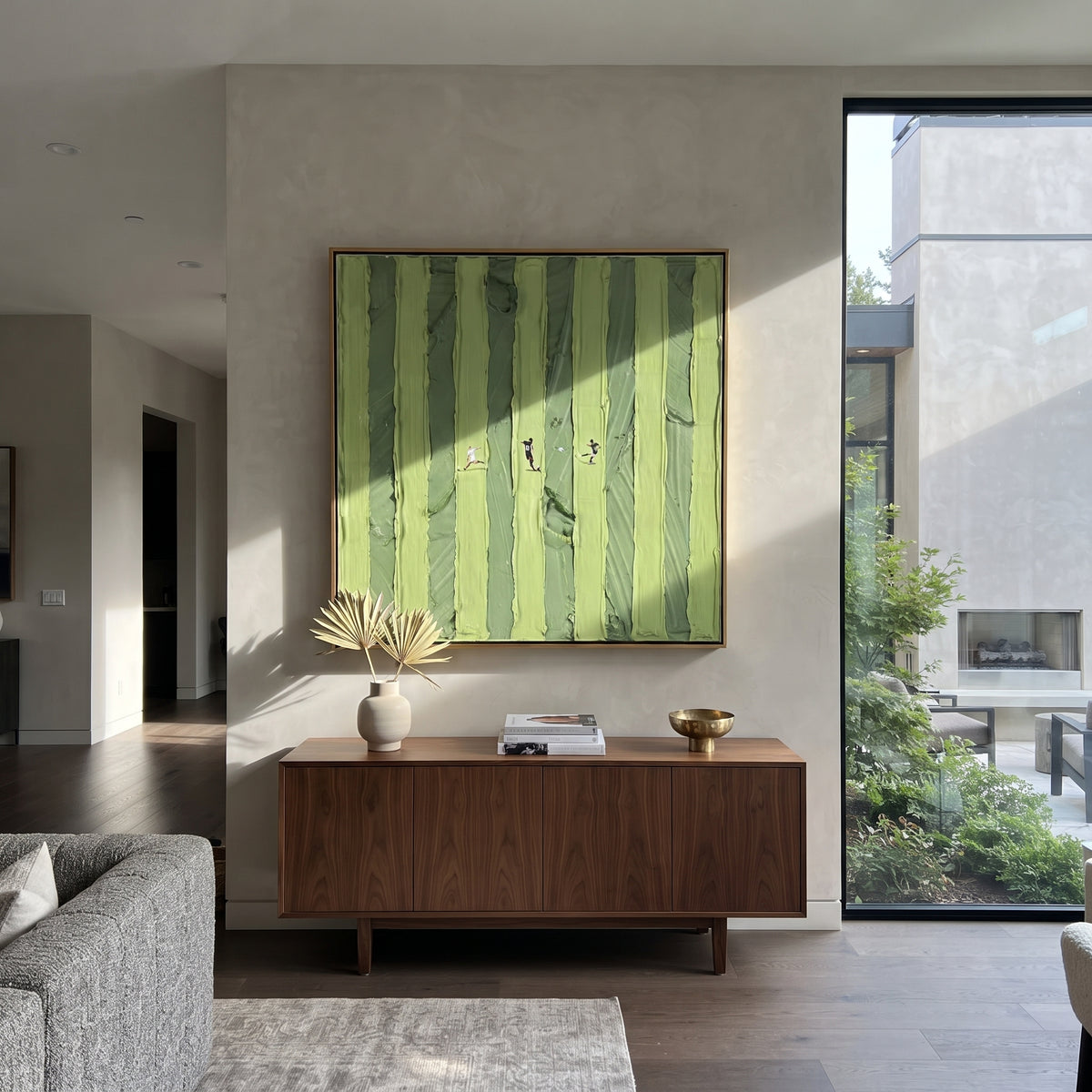 Figures Between Green Lines - walking figures painting shown in modern room setting 5