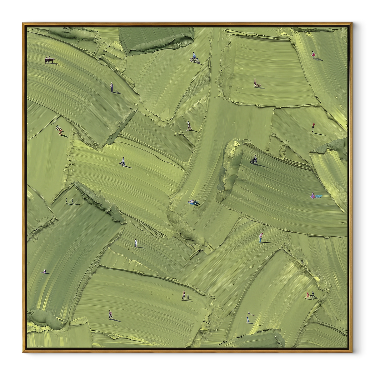 Olive Brushwork - abstract texture painting in a wood frame on white