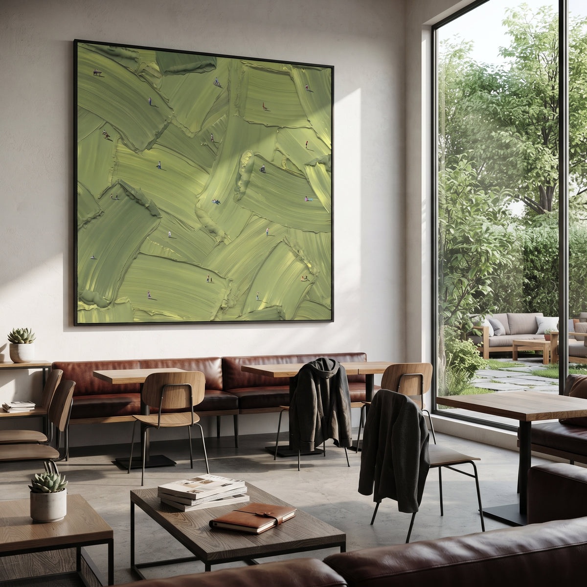 Olive Brushwork - abstract texture painting shown in modern room setting 4