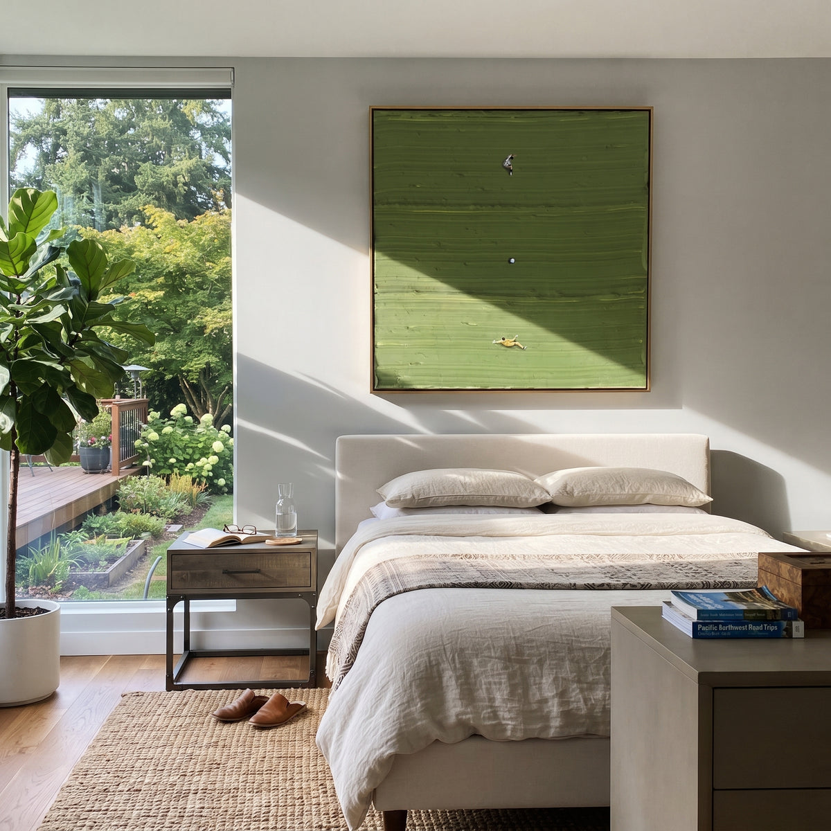 Three Across the Lawn - aerial sports painting shown in modern room setting 4