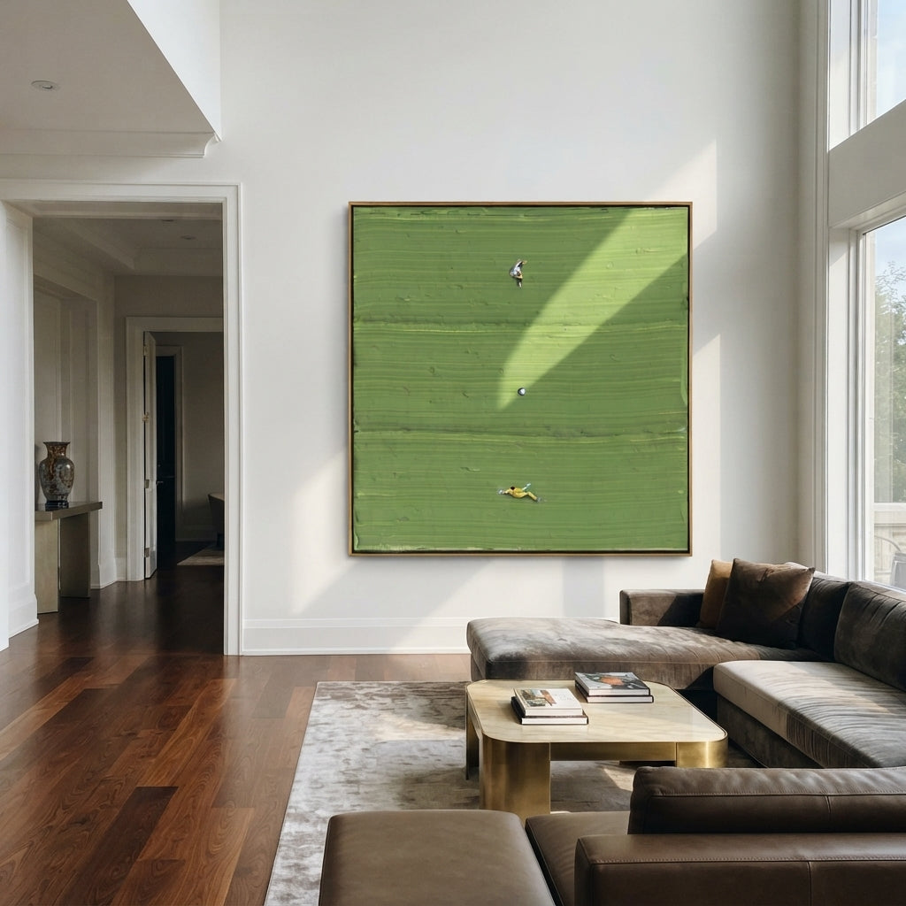Three Across the Lawn - aerial sports painting shown in modern room setting 5