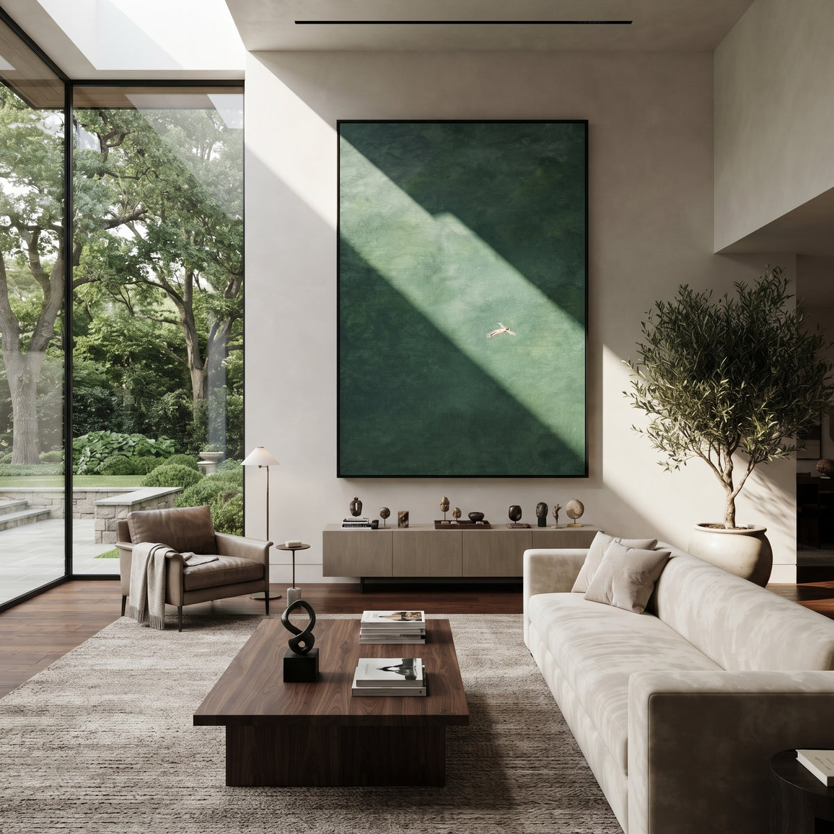 Distant Swimmer in Teal - swimmer painting shown in modern room setting 2