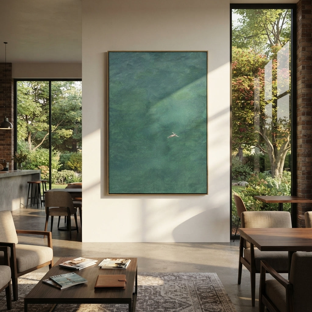 Distant Swimmer in Teal - swimmer painting shown in modern room setting 3