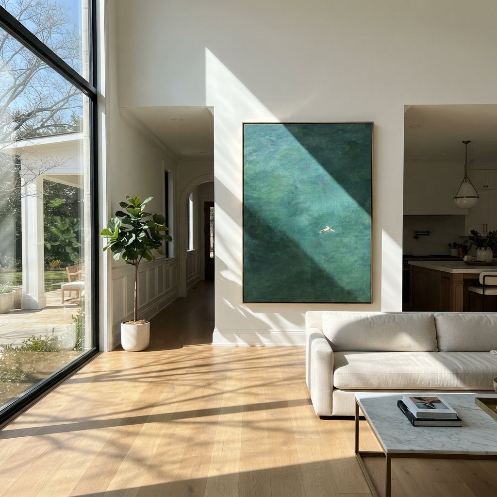 Distant Swimmer in Teal - swimmer painting shown in modern room setting 4