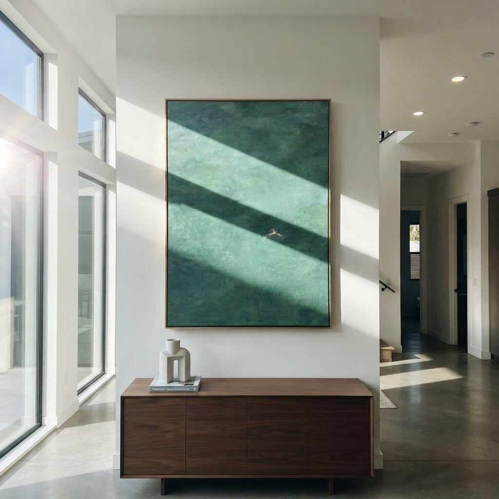 Distant Swimmer in Teal - swimmer painting shown in modern room setting 5