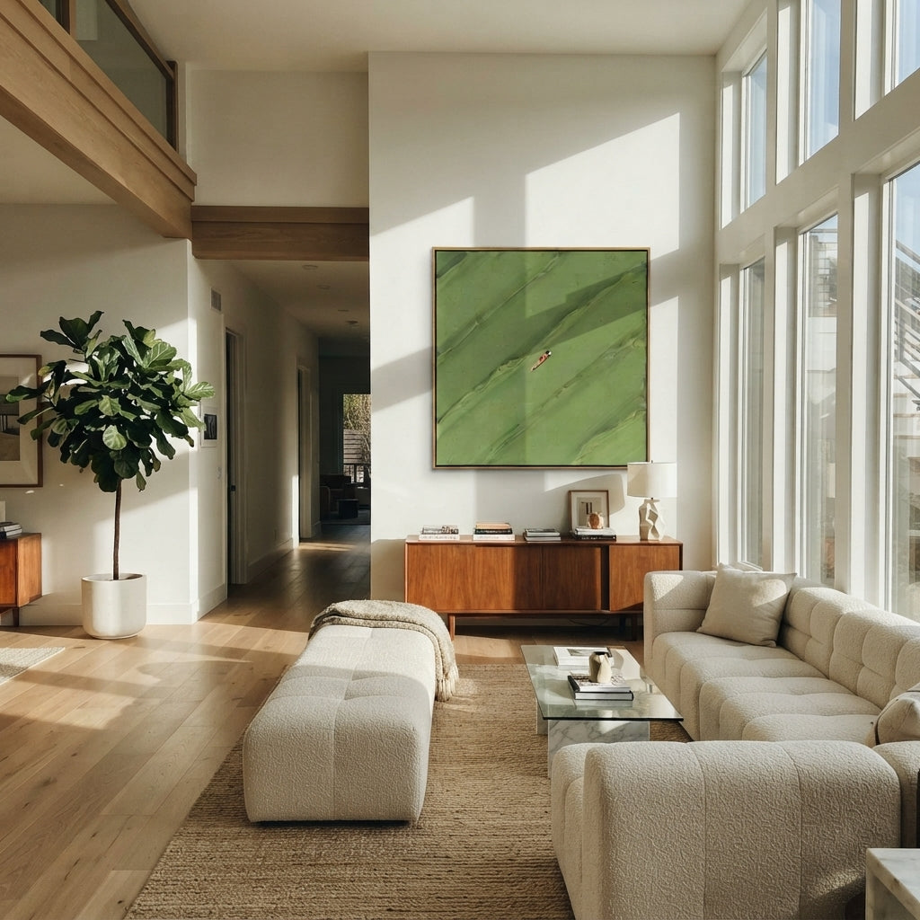 Red Figure on the Slope - minimal sports figure painting shown in modern room setting 4