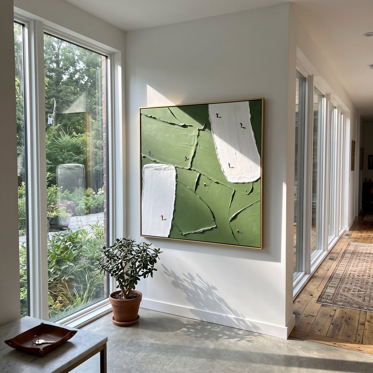 White Courts Green Field - abstract sports field painting displayed in a styled interior