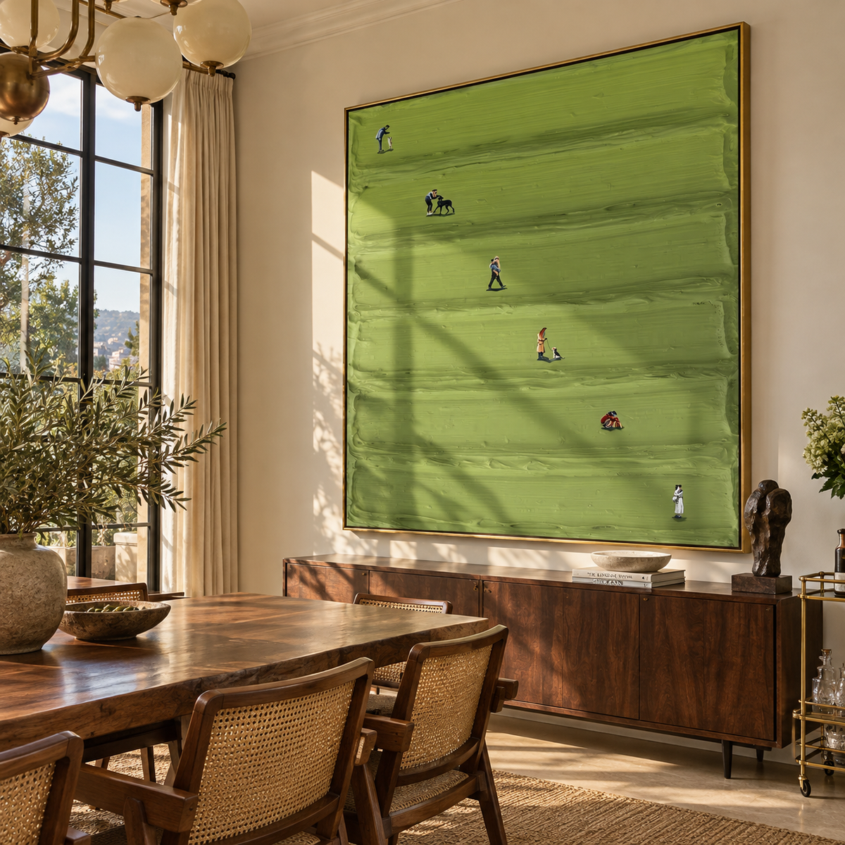 Small Games in Green - aerial sports painting displayed in a styled interior
