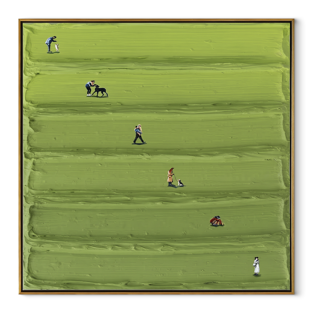 Small Games in Green - aerial sports painting in a wood frame on white