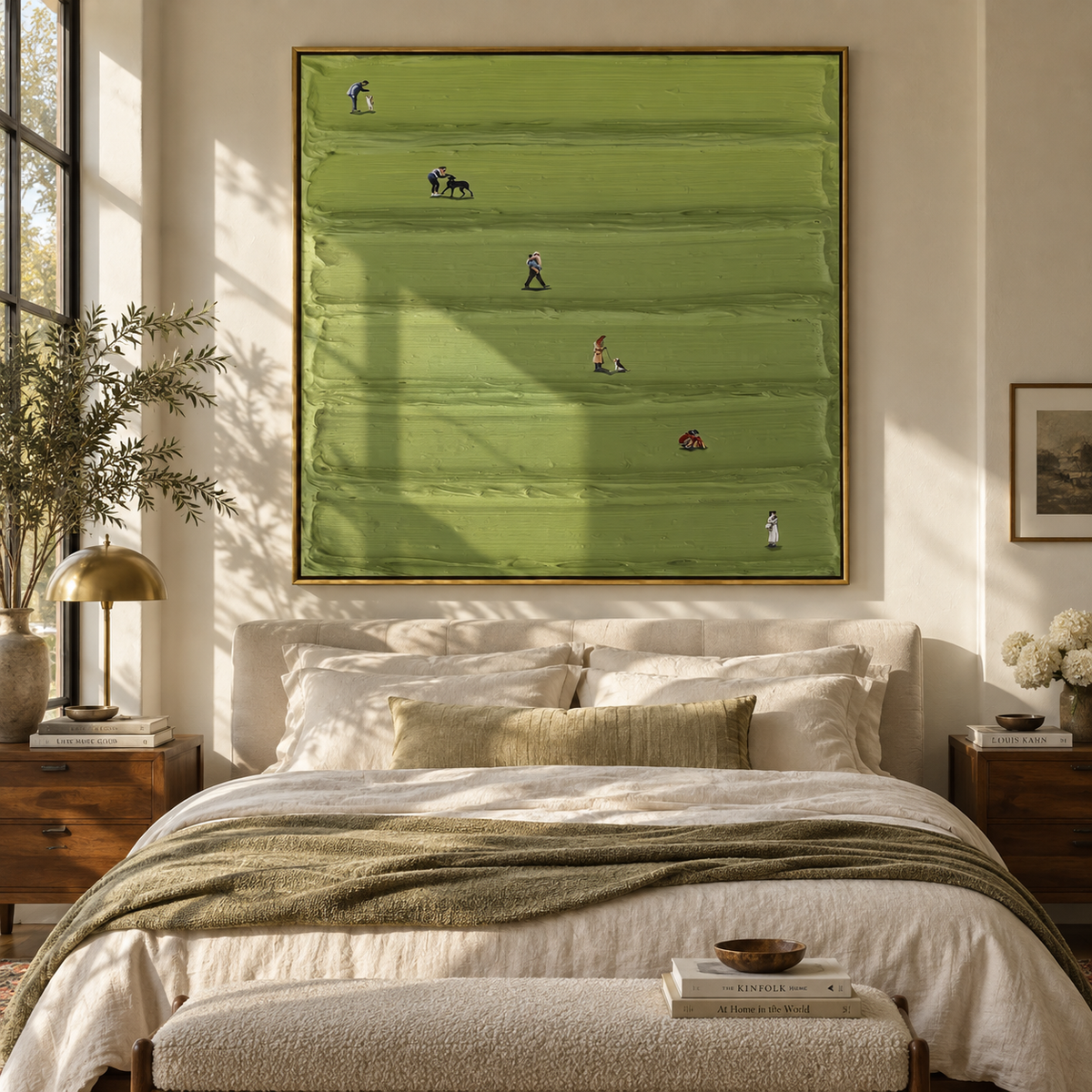 Small Games in Green - aerial sports painting shown in modern room setting 2