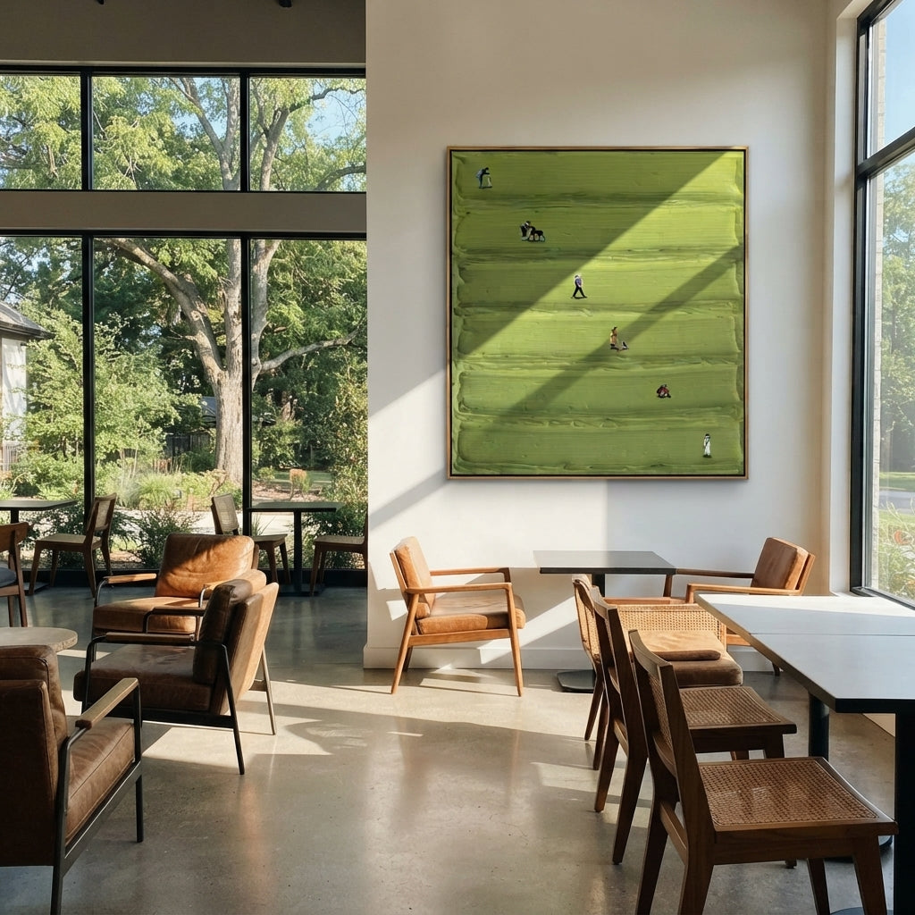 Small Games in Green - aerial sports painting shown in modern room setting 5