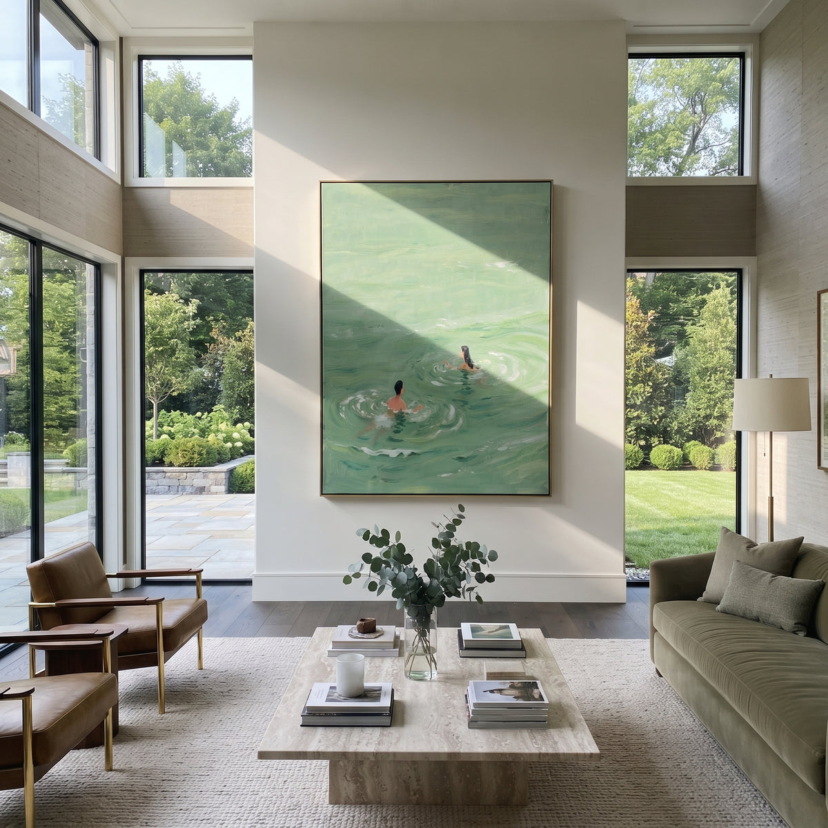 Ripples Around Her - swimmer painting displayed in a styled interior