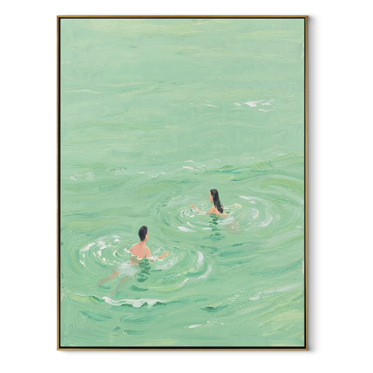 Ripples Around Her - swimmer painting in a wood frame on white