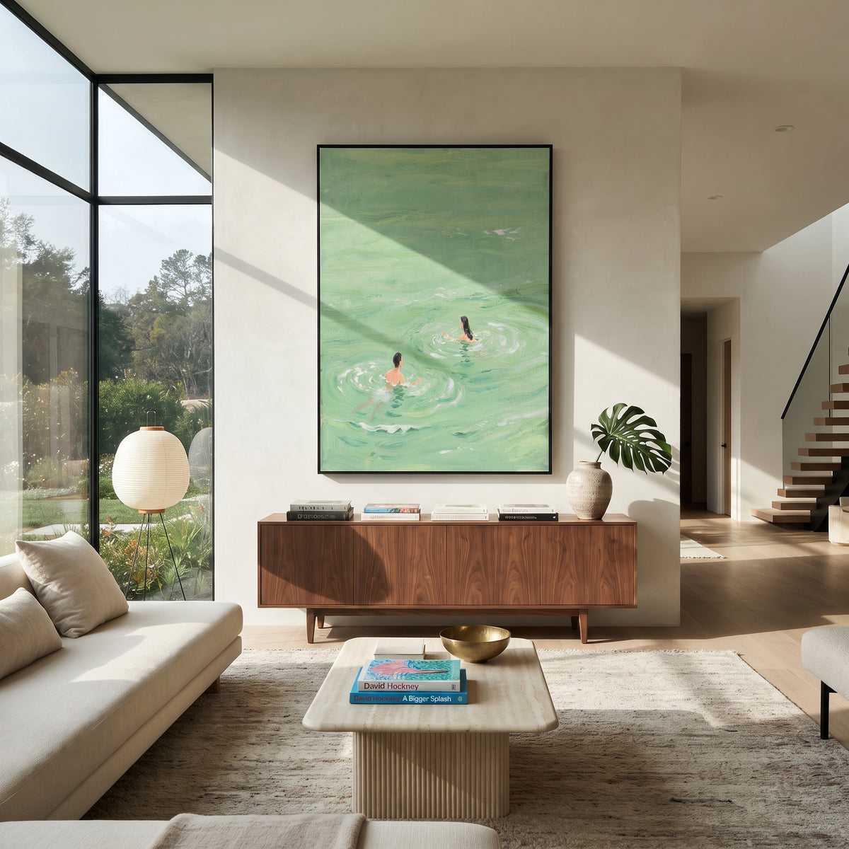 Ripples Around Her - swimmer painting shown in modern room setting 2