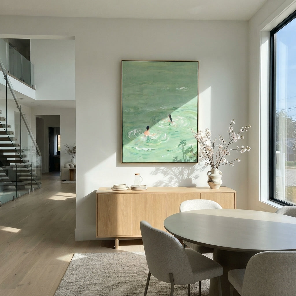 Ripples Around Her - swimmer painting shown in modern room setting 4