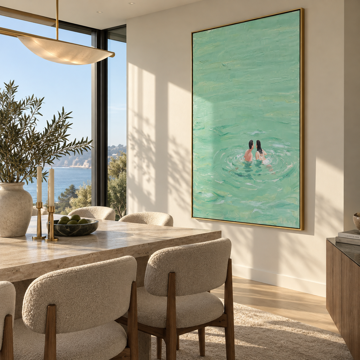 Two in Mint Water - swimmers painting displayed in a styled interior