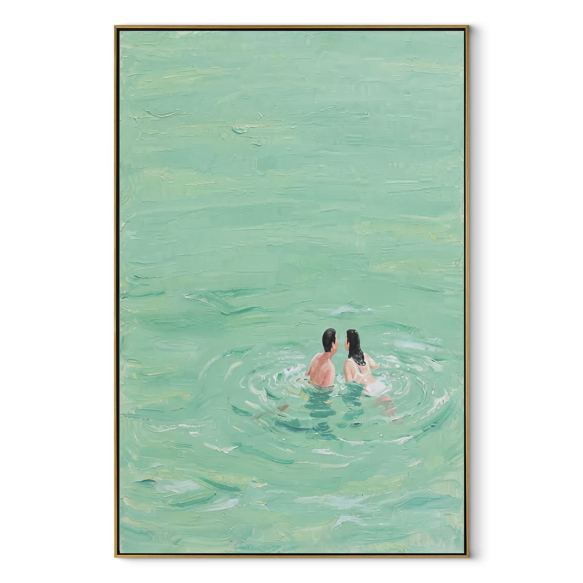 Two in Mint Water - swimmers painting in a wood frame on white